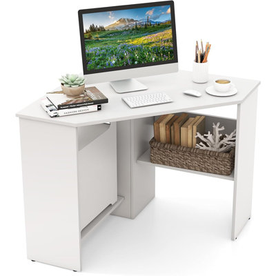 Bureau de coin triangulaire avec tablettes de rangement - Bureau compact pour petits espaces, meuble-lavabo de coin ou poste de travail pour la maison, la chambre à coucher, le salon ou le bureau - Blanc