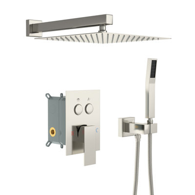 10" Square Dual Shower Head Showering System - Brushed Nickel, -Balanced, Rainfall & Handheld, Easy Install Nickel With 10 Inch Wall Mounted, Handheld