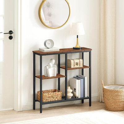 4-tier Narrow Console Table With Metal Mesh Shelf, Industrial Sofa Table For Entryway And Living Room