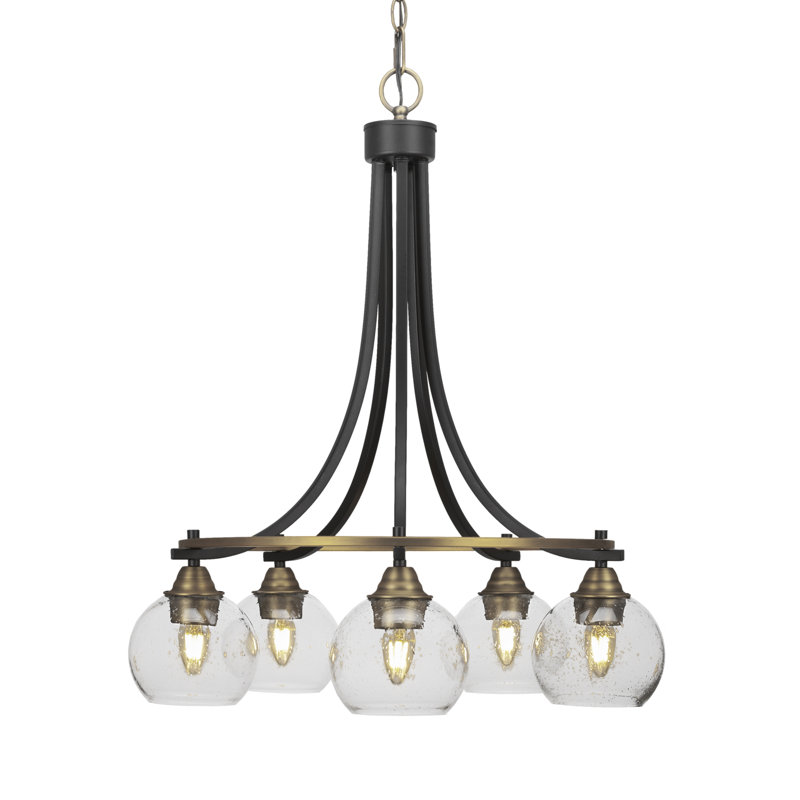 Lustre encastré 5 lumières Michell, fini noir mat et laiton avec verre de 5,75 po, Bulle transparente