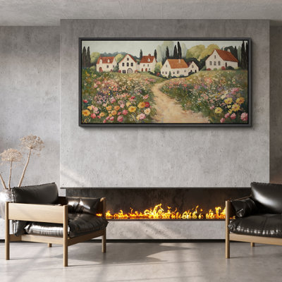 Charmante maison de campagne avec toile encadrée - Champ de fleurs et scène de village pour décor de ferme