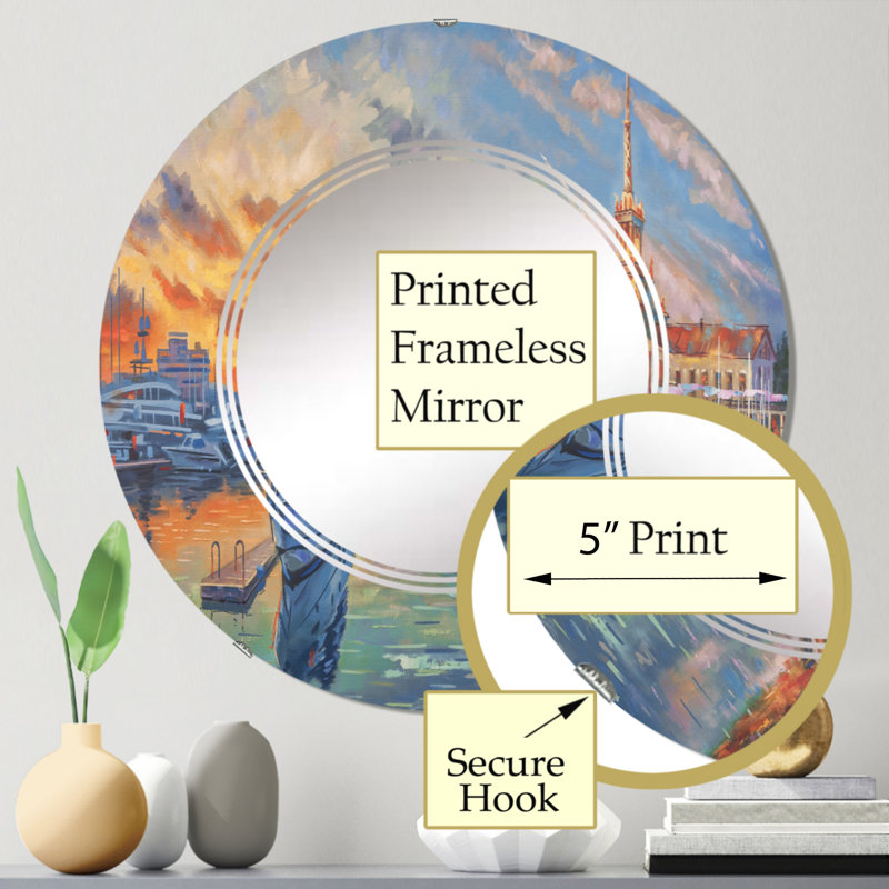 Evening In The Seaport - Miroir mural nautique et côtier rond, 24 po x 24 po
