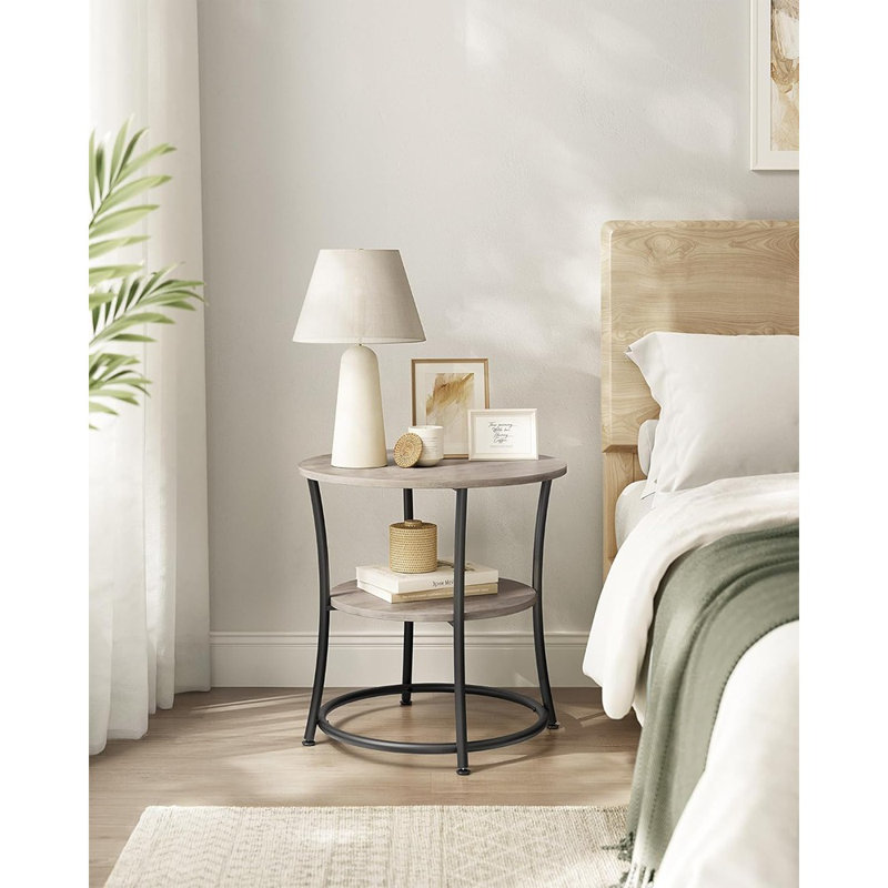 Table d'appoint ronde, table de bout à 2 niveaux, table de chevet avec structure en acier et plateau spacieux pour les petits espaces, salon et chambre à coucher, avec 2 tablettes de rangement, table basse décorative (Heather Greige et noir encre, ULET56BG)