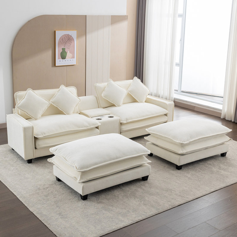 Beige 111" Chenille With Two Removable , Double Cushion, Ports, Cup Holders, Big Hidden Storage And 4 Pillows For Living Room Sectional Charging Space, Ottomans Attached Pillows, Fabric