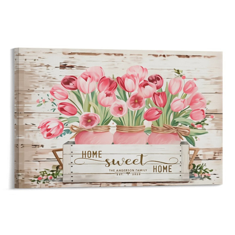Home Sweet Home, tulipes roses, cadre en bois à l'arrière intégré, art mural maison de campagne, l 36 x L 24