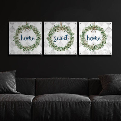 «Home Sweet Home Eucalyptus Wreaths» par Marla Rae, ensemble d'art mural en verre acrylique, 3 pièces