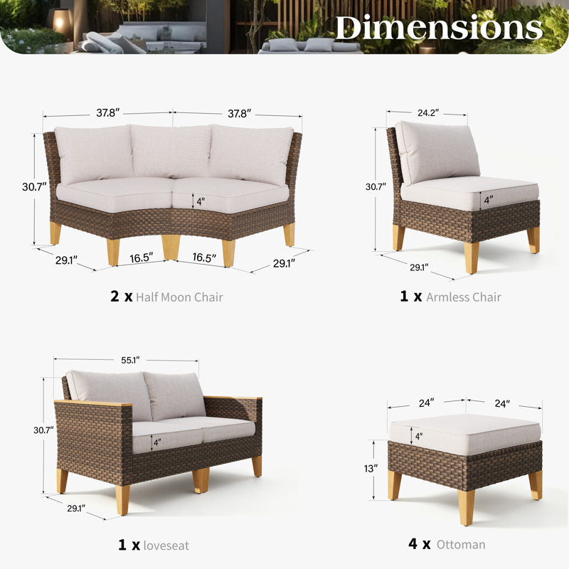 Ensemble de conversation modulaire d'extérieur en osier avec coussins 11 pièces Shutesbury, Beige