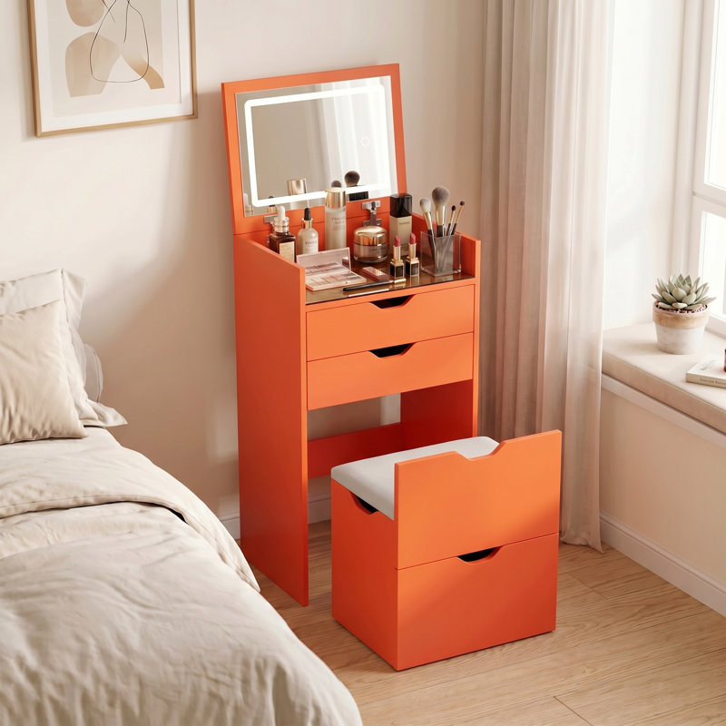 Table de coiffeuse, coiffeuse et miroir 3-en-1, Orange