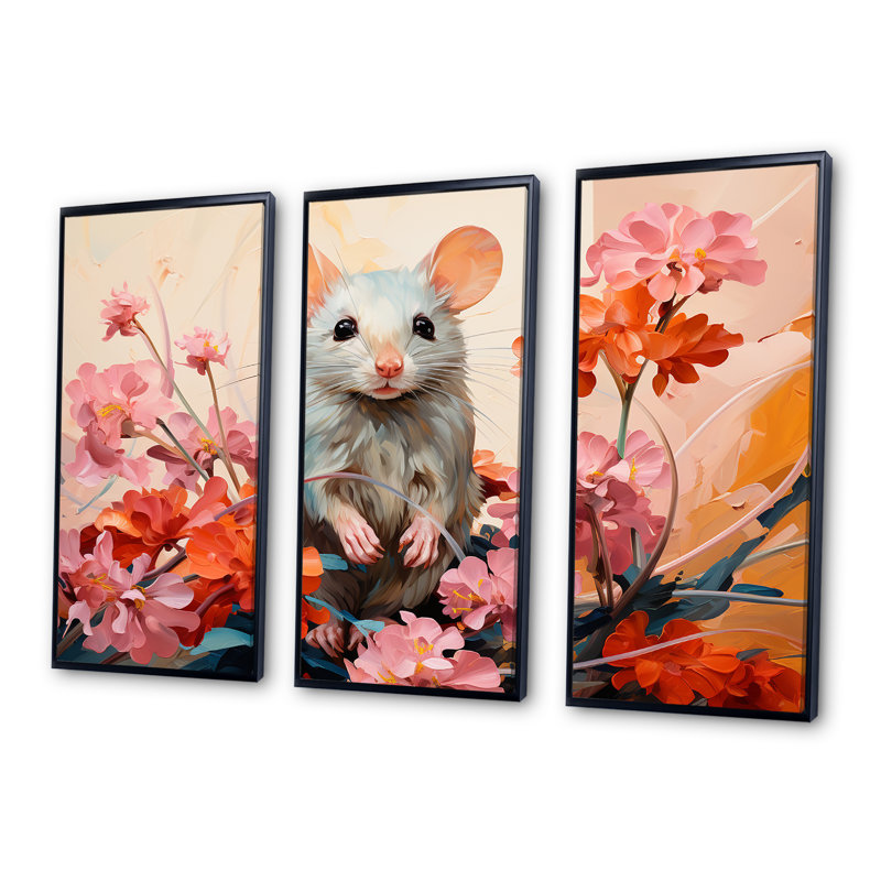 «Pink Curious Rat Blooms II - Mouse Animal», art mural, H 28 po x l 36 po, Cadre flottant noir