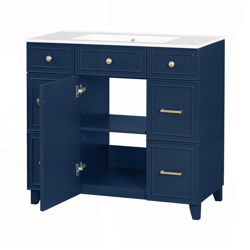Meuble-lavabo bleu 36 po avec lavabo en céramique, cadre en bois massif, portes à fermeture en douceur et nombreuses solutions de rangement