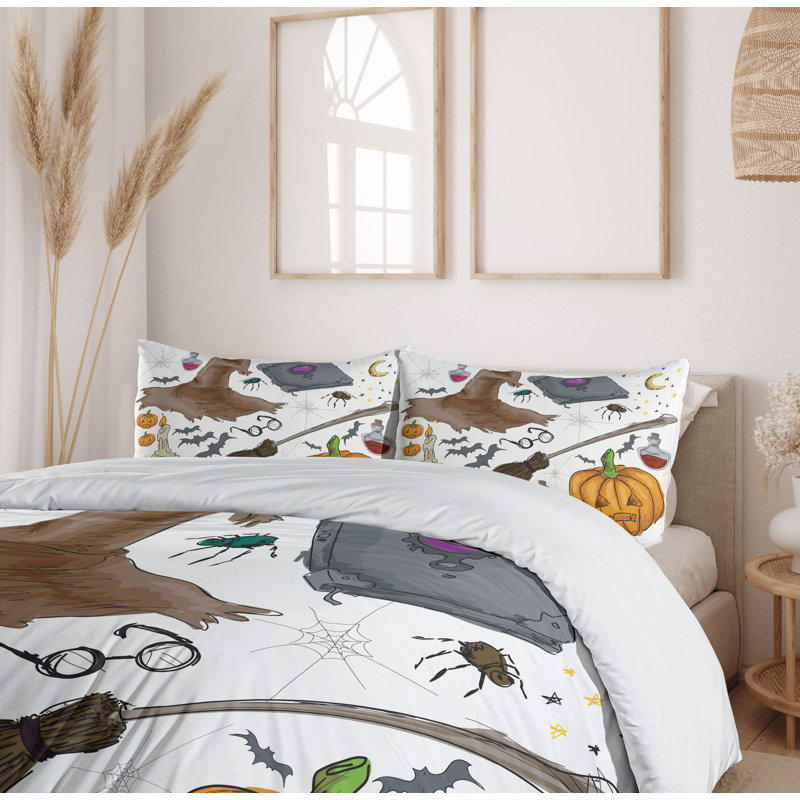 Twin Halloween Magic Spells Doodle Design Duvet Cover Set