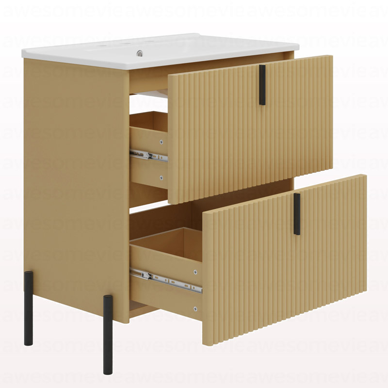 Meuble-lavabo de 30 po avec lavabo en céramique, équipé de poignées verticales et de tiroirs pleine extension, meuble-lavabo autoportant avec glissières de tiroir à fermeture en douceur, conception cannelée, naturel