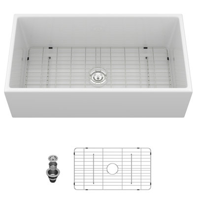 White Apron - Front Single Bowl Sink, 36 Inches In Depth, 20 Width, 10 Height, Hygienic And Low Water Absorption, With Dish Grid Long, Wide, Deep, Heat Proof, Stainless Steel Parts