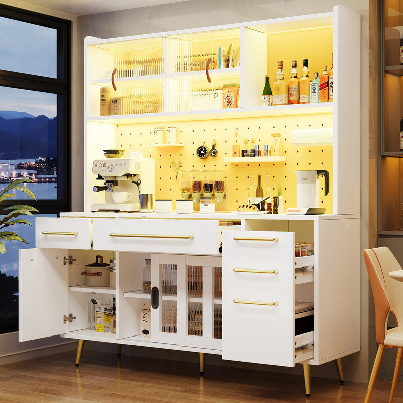 White Tall Cabinet with LED Lighting, with Perforated Wall, Drawer & Glass Shelves, Sideboard for Kitchen and Living Room