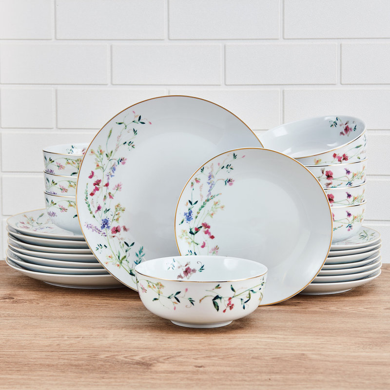 Kalina White Porcelain Floral 24-Piece Dinnerware Set