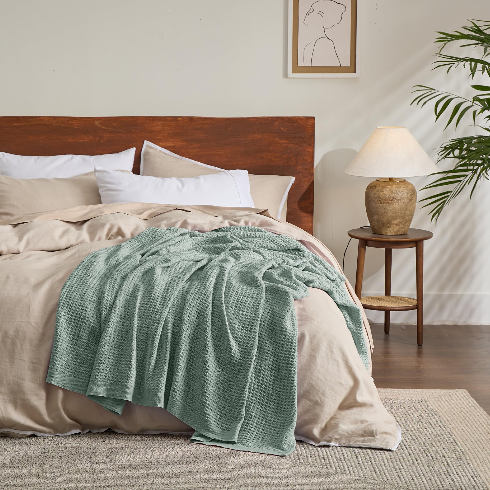 Bedsure Cotton Waffle Weave Throw Blanket, Queen, Sage Green