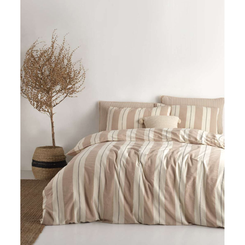 Premium Ranforce King Quilt Cover Set, 100% Cotton, Beige & Cream | Duvet Cover: 94.5 x 86.6 inches, 2 Pillowcases: 23.6 x 23.6 inches | Yarn Dyed, Garment Wash, Machine Washable at 104°F, Soft and Durable