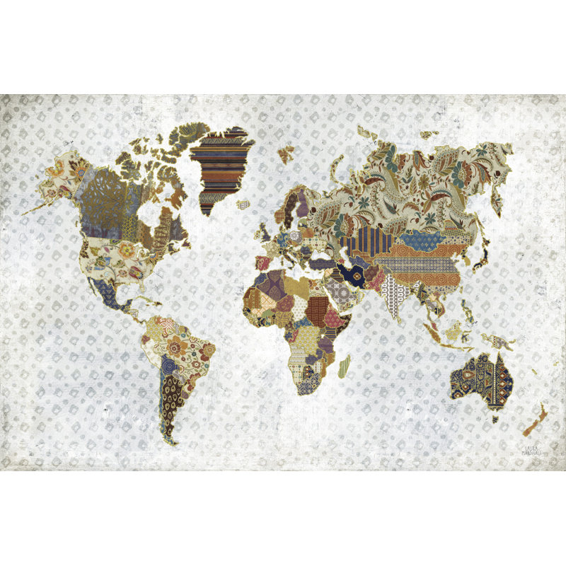 carte mappemonde à motifs sur la texture boho, sur fond brun, motif cachemire, rouge, or, doré, orange, Continents