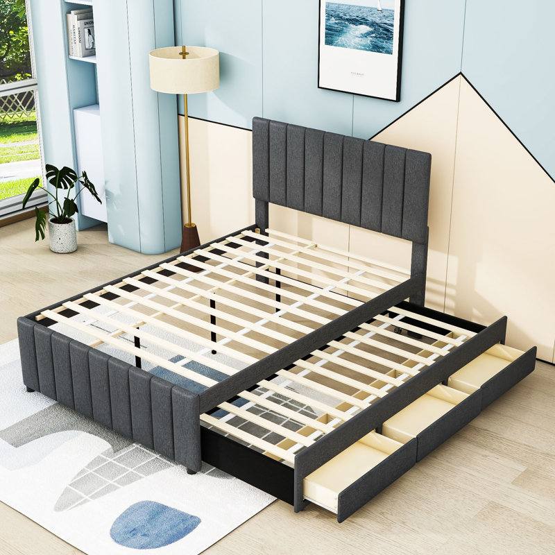 Lit plateforme tapissier avec lit gigogne et tiroirs de rangement, Double, gris
