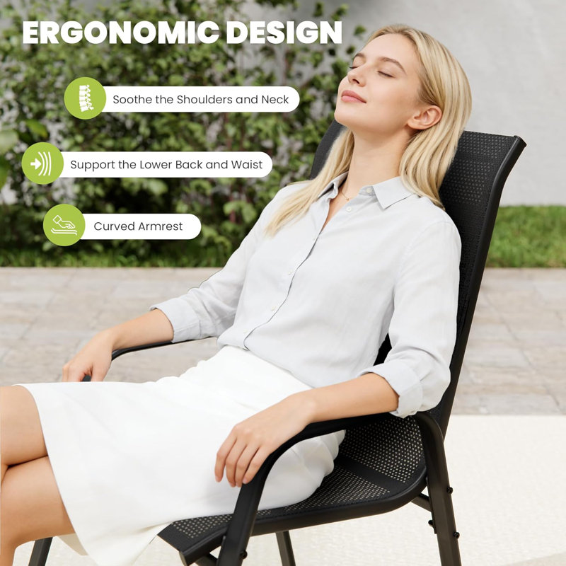 Outdoor Stackable Garden Patio Dining Armchairs With PVC-Coated Polyester Seat, 8, Black
