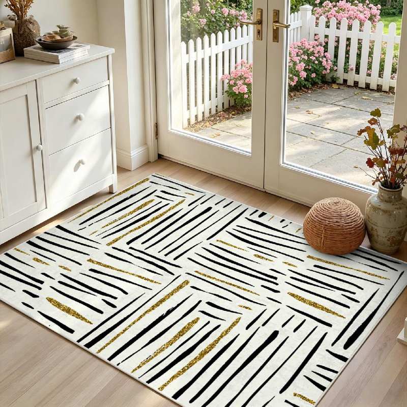 Gold Watercolor Contemporary Green White Tartan Diagonal Plaid Abstract Brush Machine Washable Indoor Area Rug