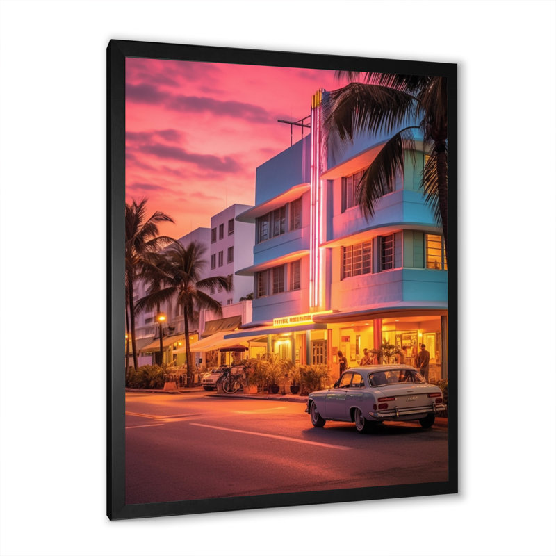 Miami Ocean Drive Neon, reproduction d'art sur toile, H 40 po x l 30 po x P 1,5 po, Cadre photo noir