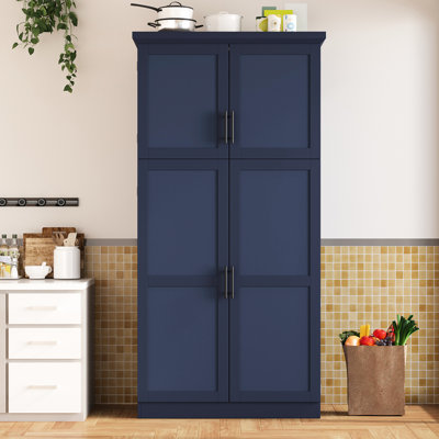 Blue Freestanding Kitchen Storage Cabinet With 4 Doors, 2 Built - In Door Shelves, And 3 Level Adjustable Shelf For 17.6 Inch Deep Dining Room 8 Slide Out Trays Groceries