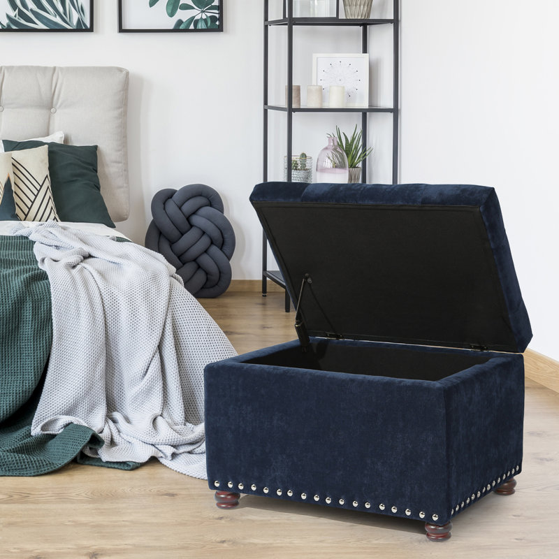 Devault 24" Wide Fabric Tufted Rectangle Storage Ottoman, Dark Blue