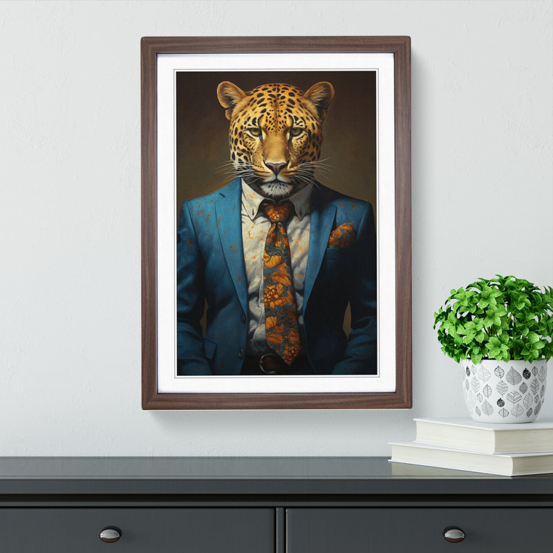 Leopard In A Suit Painting - Single Picture Frame Print on Wood, Walnut Framed, 64cm H x 46cm W x 2cm D