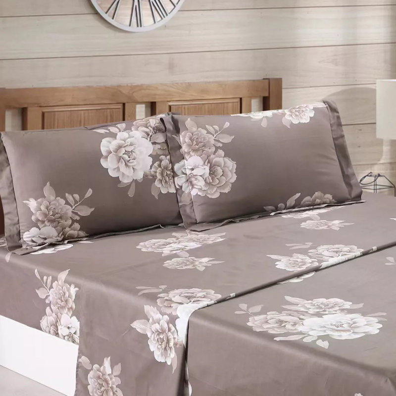 Ensemble de draps 100% coton Marrisa Brown Floral avec taie d'oreiller simple TG