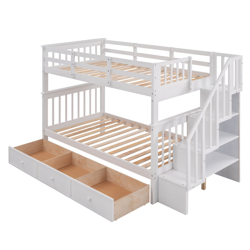 Xavier Stairway Bunk Bed with Drawers & Shelves, Twin Over Twin, White