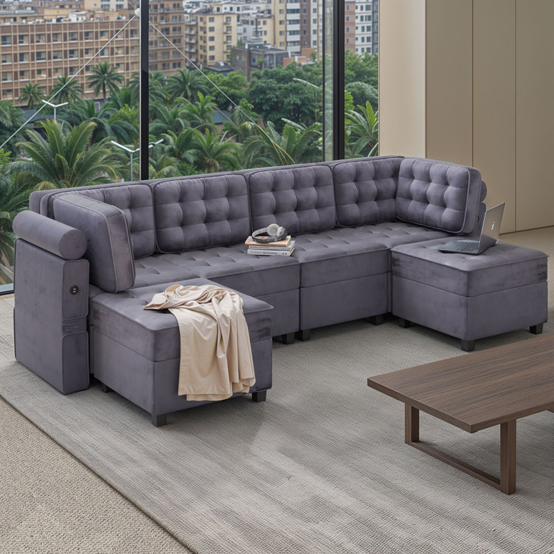 Ensemble de canapé modulaire en velours avec accoudoirs réglables, rangement et charge USB