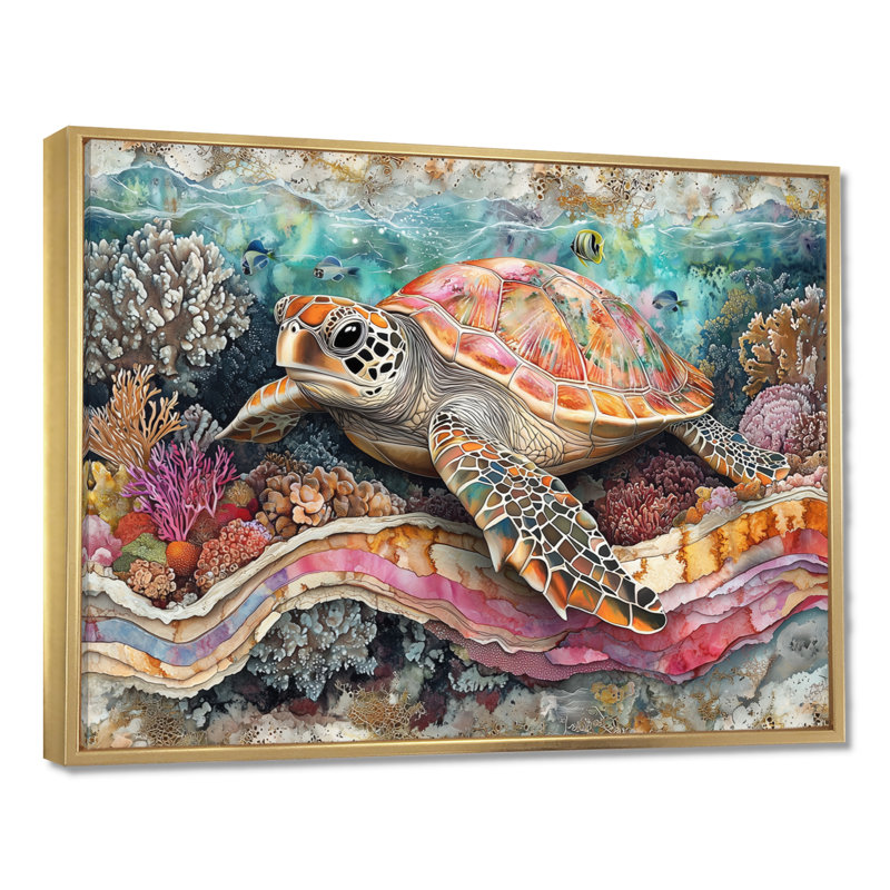 Cornellia Aquarium Turtle Coral Sanctuary III - art mural tortue pour le salon, H 30 po x l 40 po, Doré