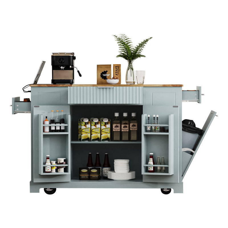 Fluted Kitchen Island with Trash Can Storage Cabinet, Power Outlet, Internal Storage Rack, Rolling Kitchen Islands on 5 Wheels with 3 Drawer, 3 Open Side Racks for 10 Gallon Garbage Bin