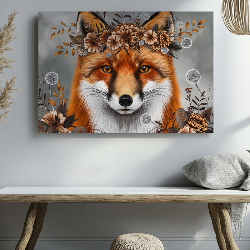 Toile, un renard majestueux avec un manteau orange vif orné d'art mural Une couronne de fleurs complexes et de feuillage posée sur un art mural