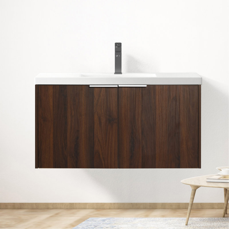 Meuble-lavabo à fixation flottante 36 po avec porte à fermeture en douceur et 2 portes Modern Design, Noyer de Californie
