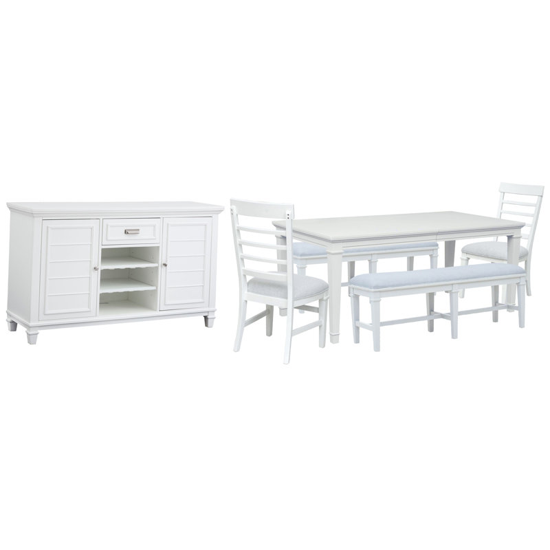 Grey Extendable Rectangular Dining Table With 2 Benches 2 Side Chairs And Server, 6 Pcs: Table, 2 Benches, Server, 2 Chairs