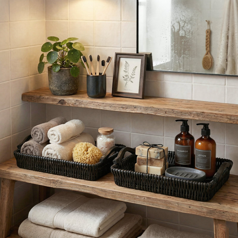 Set of 2 Handwoven Willow Storage Baskets with Wood Base & Handles for Entryway, Coffee Table, Bedroom, Black