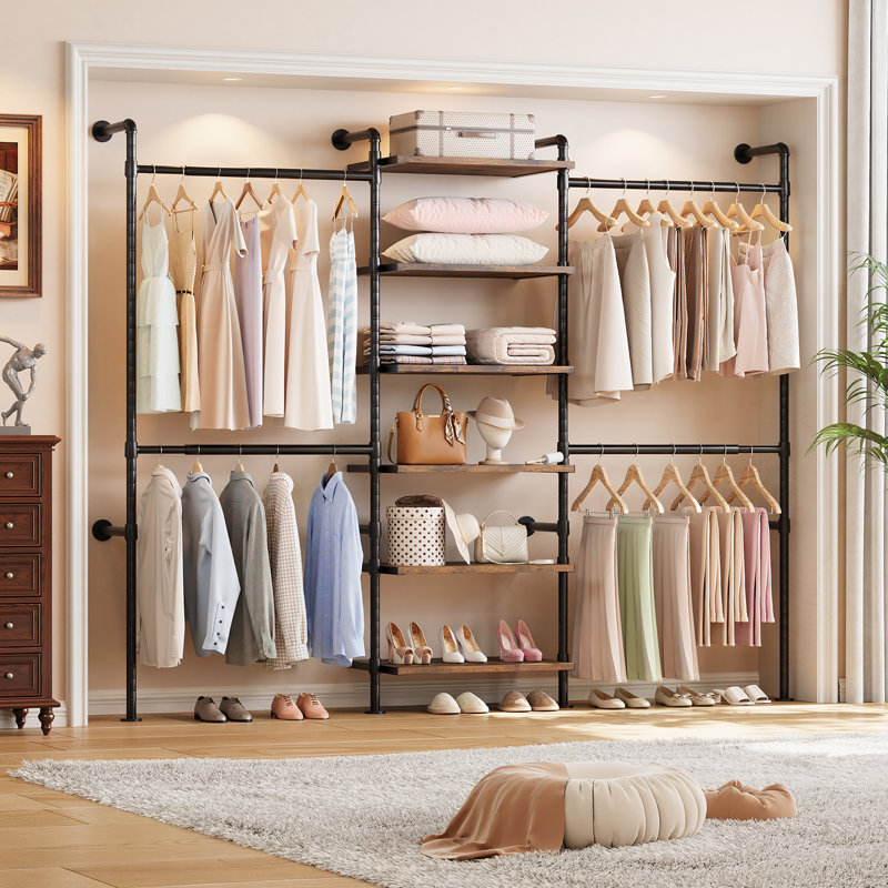 62''- 91'' Wide L Shaped/C Shaped Metal Pipe Clothing Rack Wall Mounted With 6 Wooden Shelves & 4 Telescopic Rods, Brown
