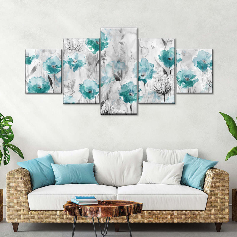 Ensemble de 5 fleurs abstraites sarcelle coquelicots sur toile, H 24 po x l 55 po x P 1,25 po