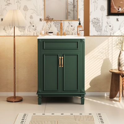 Meuble-lavabo de 24 po avec lavabo en céramique brillante, structure en bois massif, charnières, planches, 2 portes, tablette réglable, style rétro et poignée en métal exquis pour évier d'organisation, grand espace de rangement,
