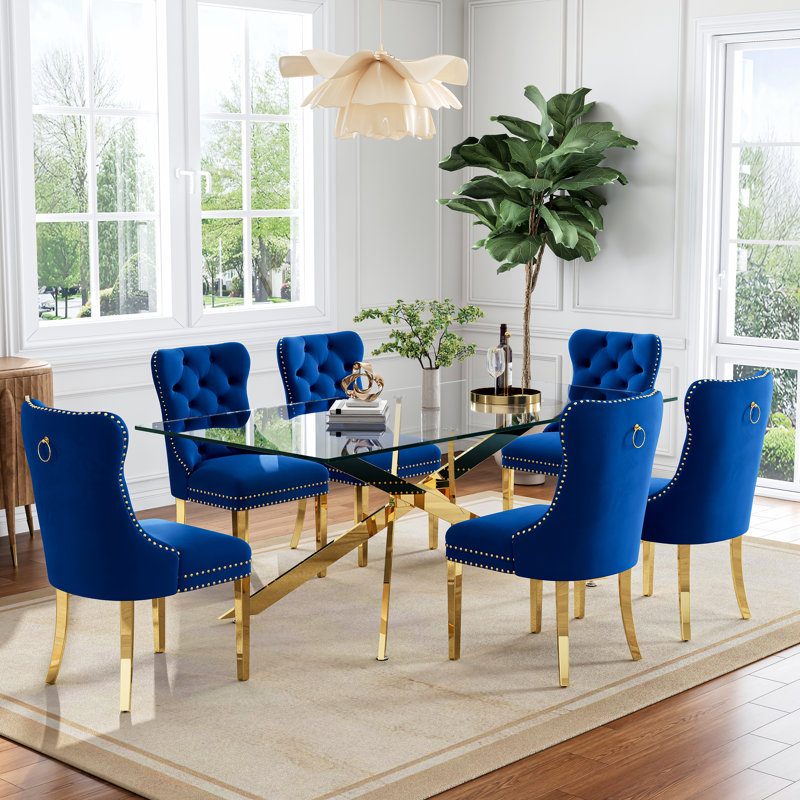78.7" Rectangle Glass Dining Table Set With Polished Stainless Steel X-Base And Velvet Upholstered Nailhead Trim Dining Chairs