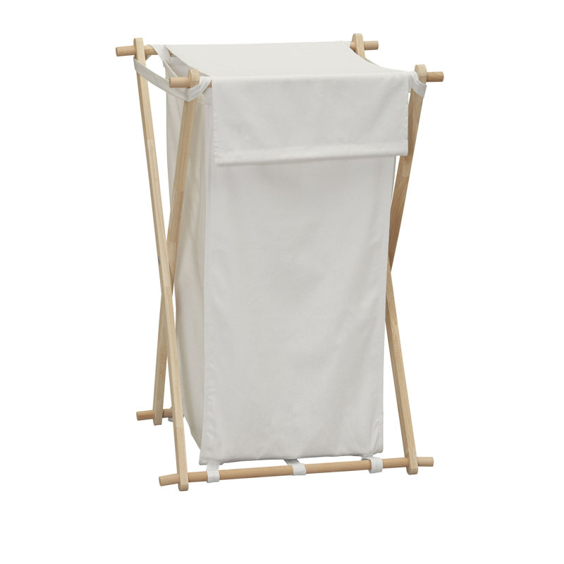 X‑Frame Wood Laundry Hamper with Poly‑Cotton Bag and Folding Rubberwood Frame, White
