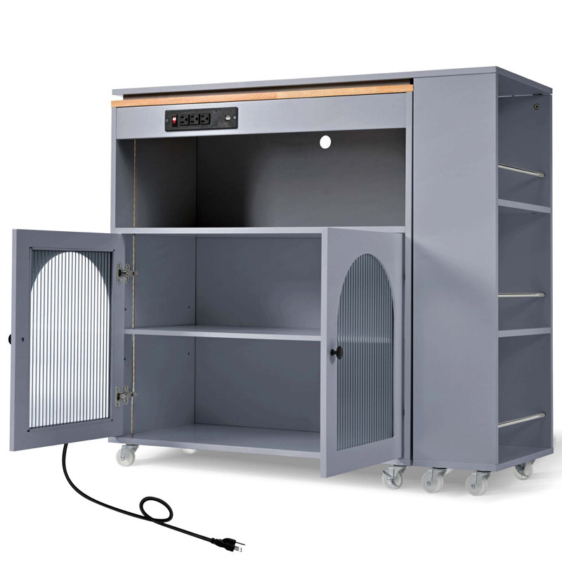Îlot de cuisine avec table allongée K&K, îlot de cuisine sur roulettes avec lumières DEL, prises de courant et 2 portes en verre cannelé, îlot de cuisine avec compartiment de rangement et 3 tablettes ouvertes latérales, gris