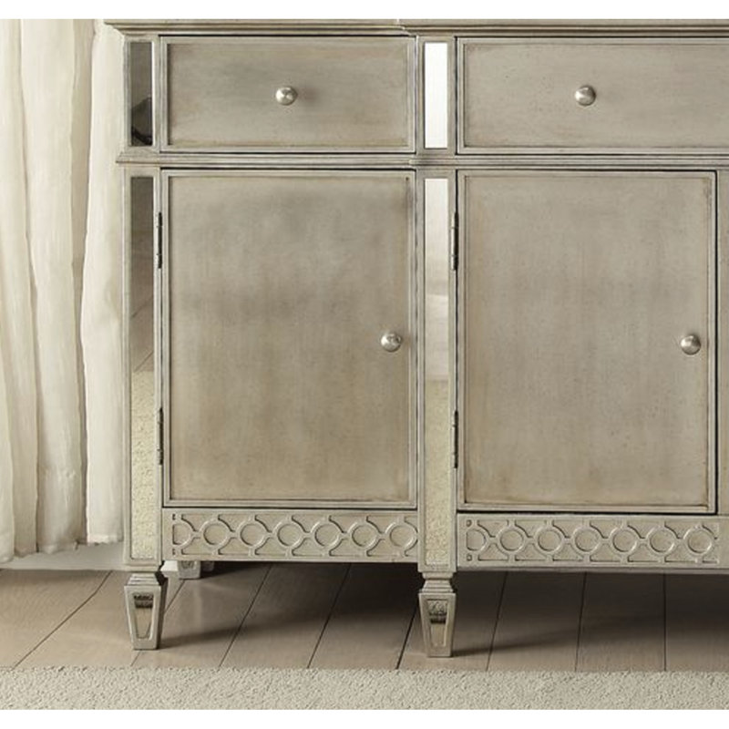 Élégante desserte à champagne en miroir - Vaste espace de rangement pour 3 tiroirs et 4 portes avec séparateur à compartiment central et base en bois décorative
