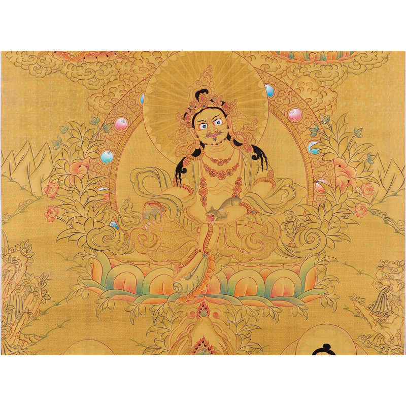 Art mural tibétain peint à la main Thangka de H 30,3 po x l 20,1 po Kubera avec véritable feuille d'or 24 carats