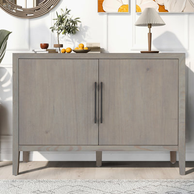 47.25-Inch Farmhouse Sideboard With Pine Veneer And 2 Doors, Retro Buffet With Adjustable Feet, Minimalist Wooden Storage Cabinet With Metal Handles For Living Room, Kitchen