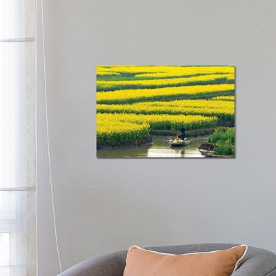 Rowing Boat On River Through Thousand-Islet Canola Flower Fields, Xinghua, Jiangsu Province, China by Keren Su - Wrapped Canvas Print