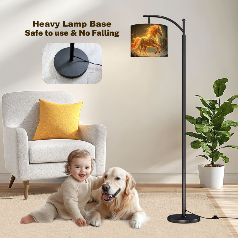 Arc Floor Lamp Flaming Fantasy Horse Glowing Mane Running Snowy Night Dark Floor Lamps with Remote LED Lights Adjustable Lamp Shades Tall Standing Lamps for Reading Office Living Room
