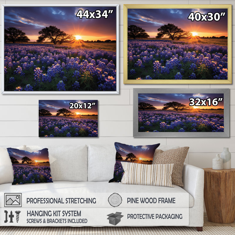 " Sunrise Blue Bonnets Field III ", 30" H x 40" W x 1.5" D, Black Floater Framed